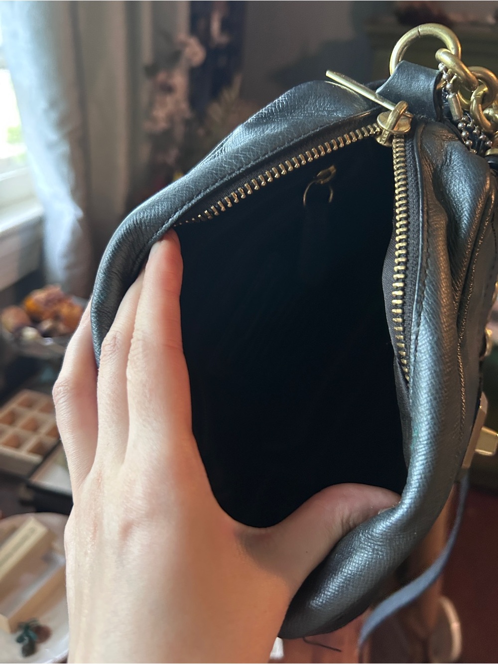 Coach Black Leather Crossbody with Gold-Tone Chain and Turn-Lock Closure - Picture 2 of 7